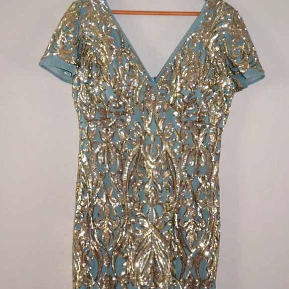 R & M Richard Long beaded Sequin Evening Slate blue/Gold Maxi Dress, sz 12 - Picture 5 of 10